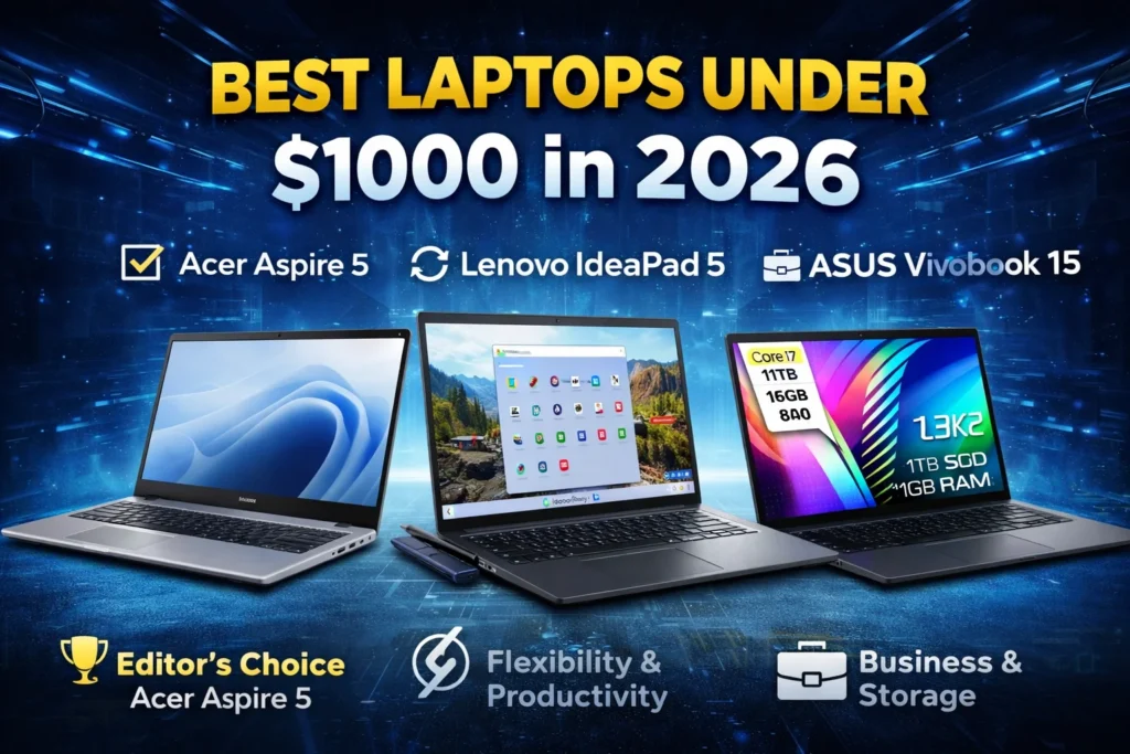 Best laptops under $1000 in 2026 featuring Acer Aspire 5, Lenovo IdeaPad 5 and ASUS Vivobook 15 with performance and value comparison