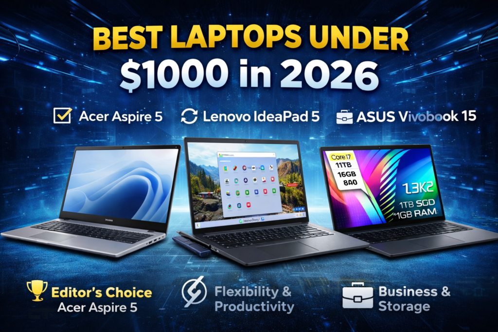 Best laptops under $1000 in 2026 featuring Acer Aspire 5, Lenovo IdeaPad 5 and ASUS Vivobook 15 with performance and value comparison