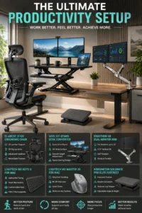 Modern ergonomic home office setup with standing desk converter, dual monitor arm, ergonomic chair, keyboard, mouse, and footrest designed for productivity and comfort.