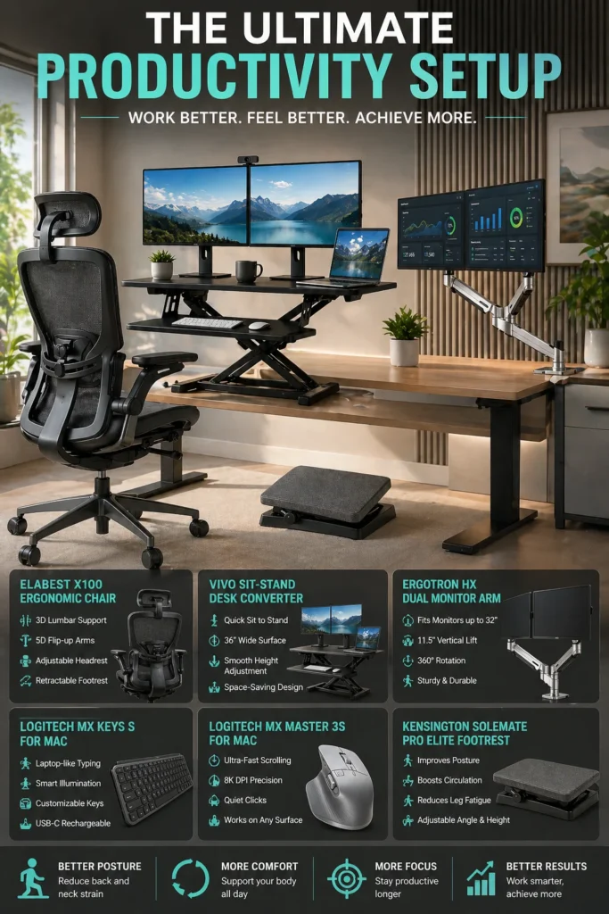 Modern ergonomic home office setup with standing desk converter, dual monitor arm, ergonomic chair, keyboard, mouse, and footrest designed for productivity and comfort.