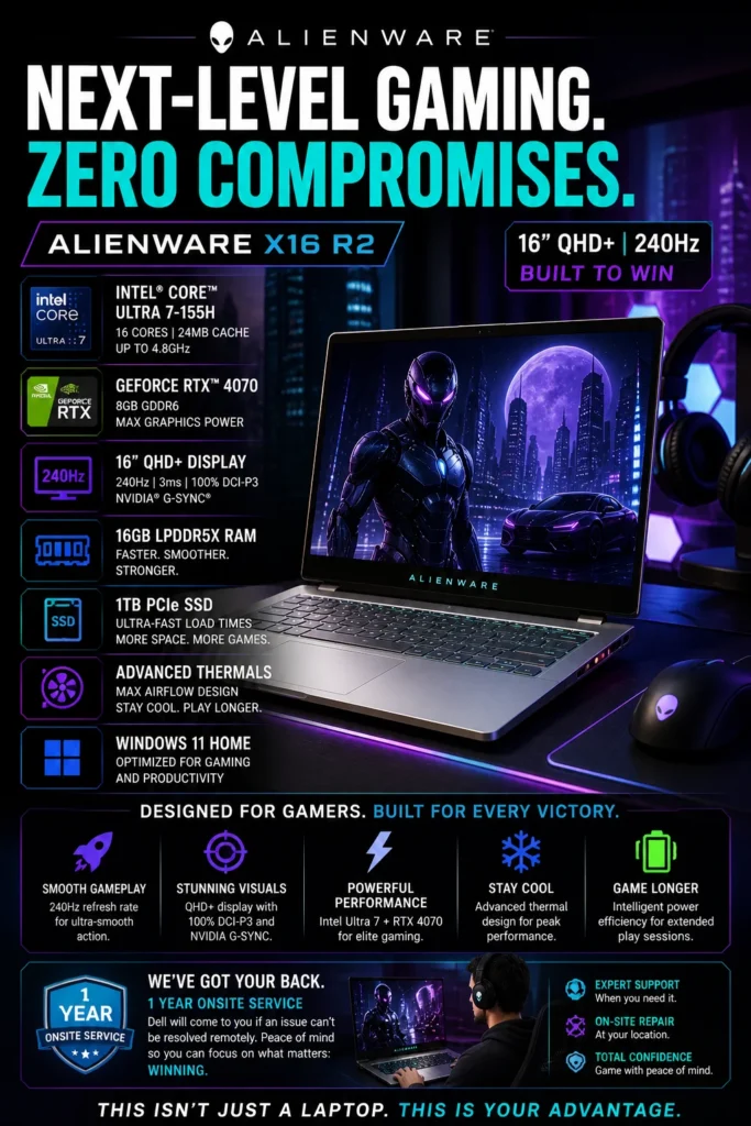 Alienware X16 R2 gaming laptop with RTX 4070 GPU and 240Hz QHD+ display for esports gaming