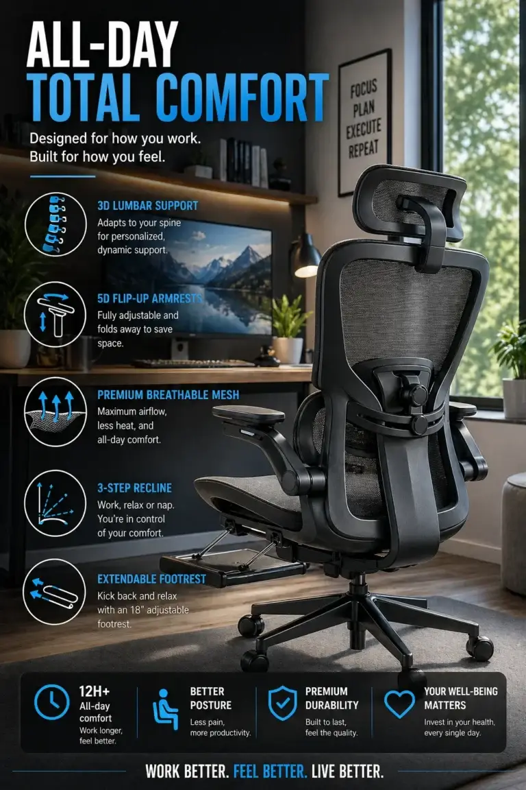 ELABEST X100 ergonomic office chair with mesh back, adjustable lumbar support, and footrest for productivity in 2026