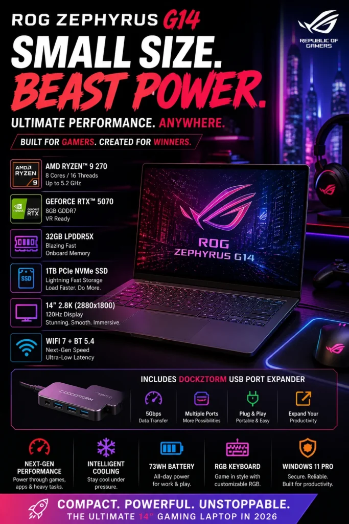 ASUS ROG Zephyrus G14 gaming laptop with Ryzen 9 and RTX 5070 for high FPS gaming in 2026