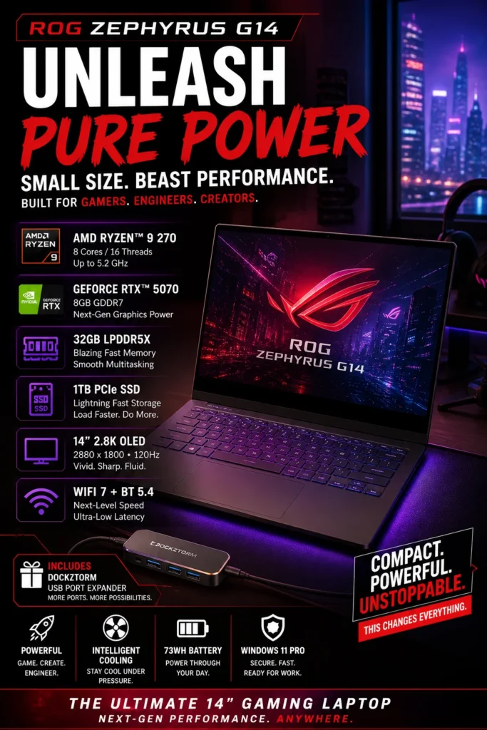 High-performance gaming laptop setup with ASUS ROG Zephyrus G14 featuring RTX 5070, RGB keyboard, and futuristic desk environment for gamers and creators