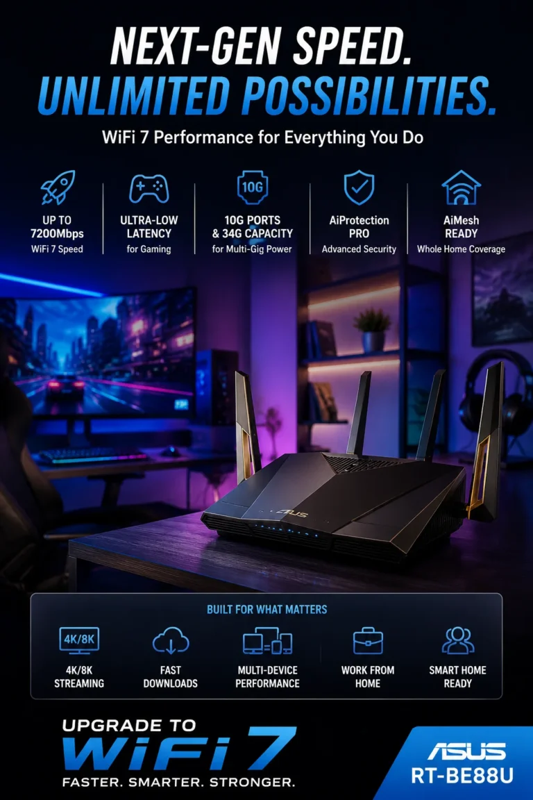 ASUS RT-BE88U WiFi 7 high speed premium router with 10G ports enterprise network performance 2026