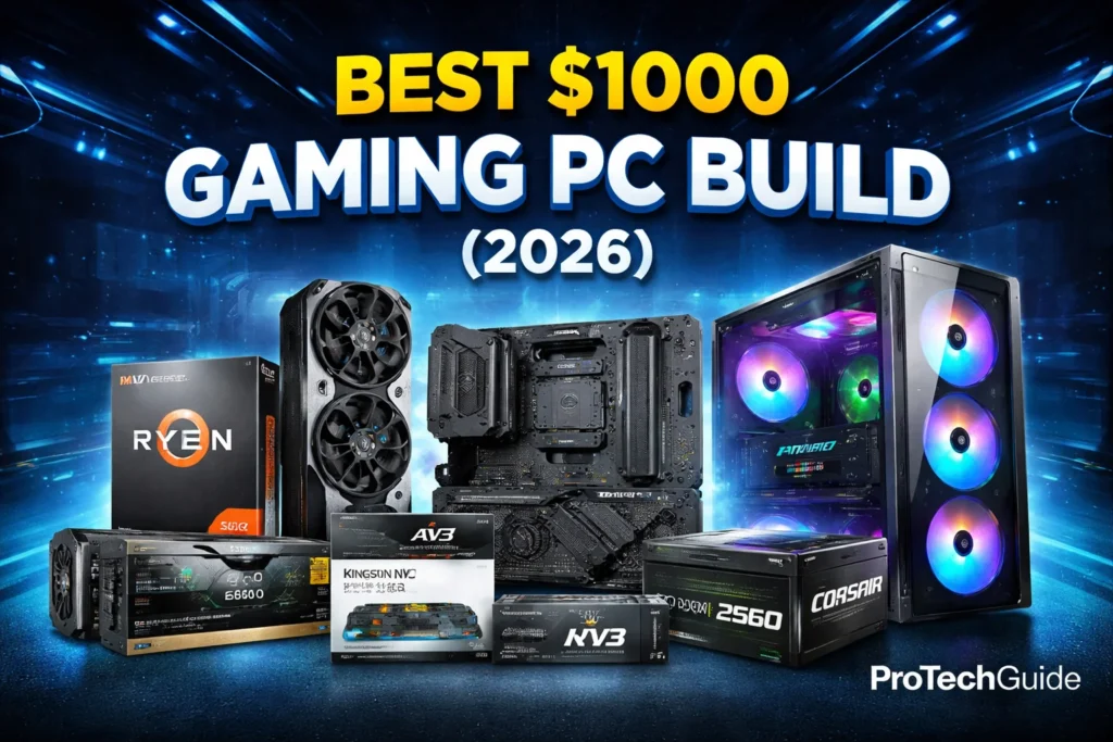 Best $1000 gaming PC build 2026 featuring Ryzen 5 5600, RX 7600, RGB case and full component setup