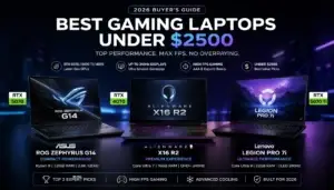 Comparison of the best gaming laptops under $2500 in 2026 including ASUS ROG Zephyrus G14, Alienware X16 R2, and Lenovo Legion Pro 7i