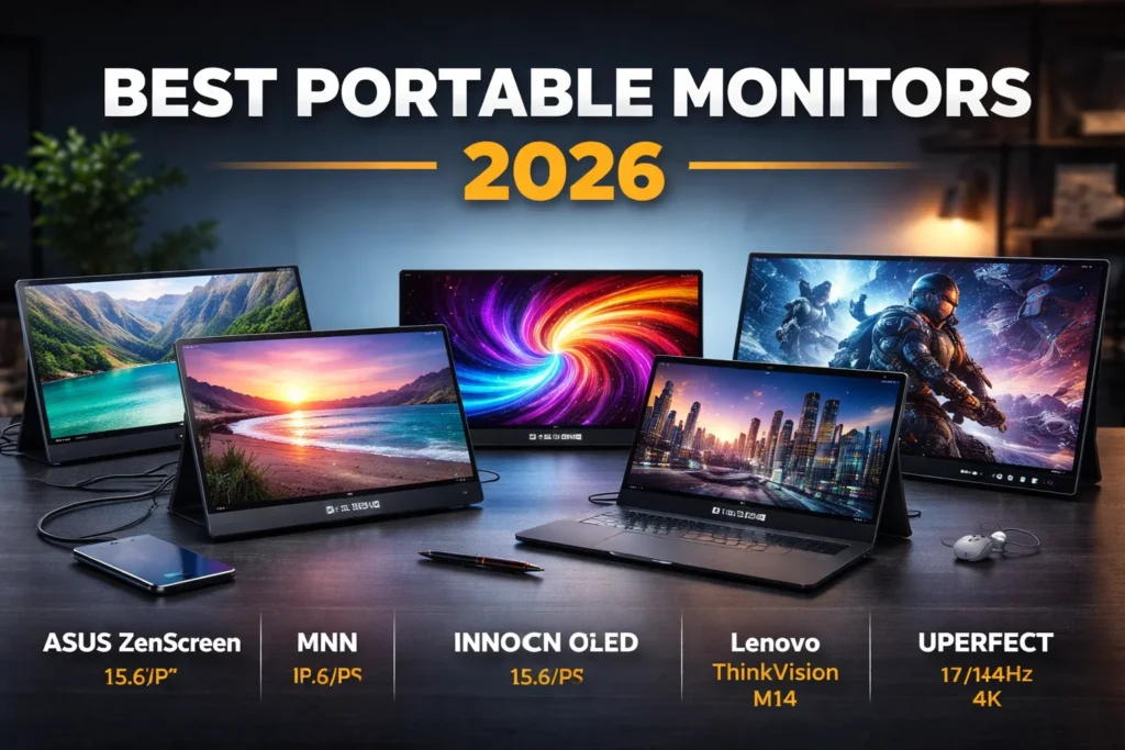 Best portable monitors 2026 including ASUS ZenScreen, INNOCN OLED, Lenovo ThinkVision and UPERFECT 4K displayed in a professional workspace setup