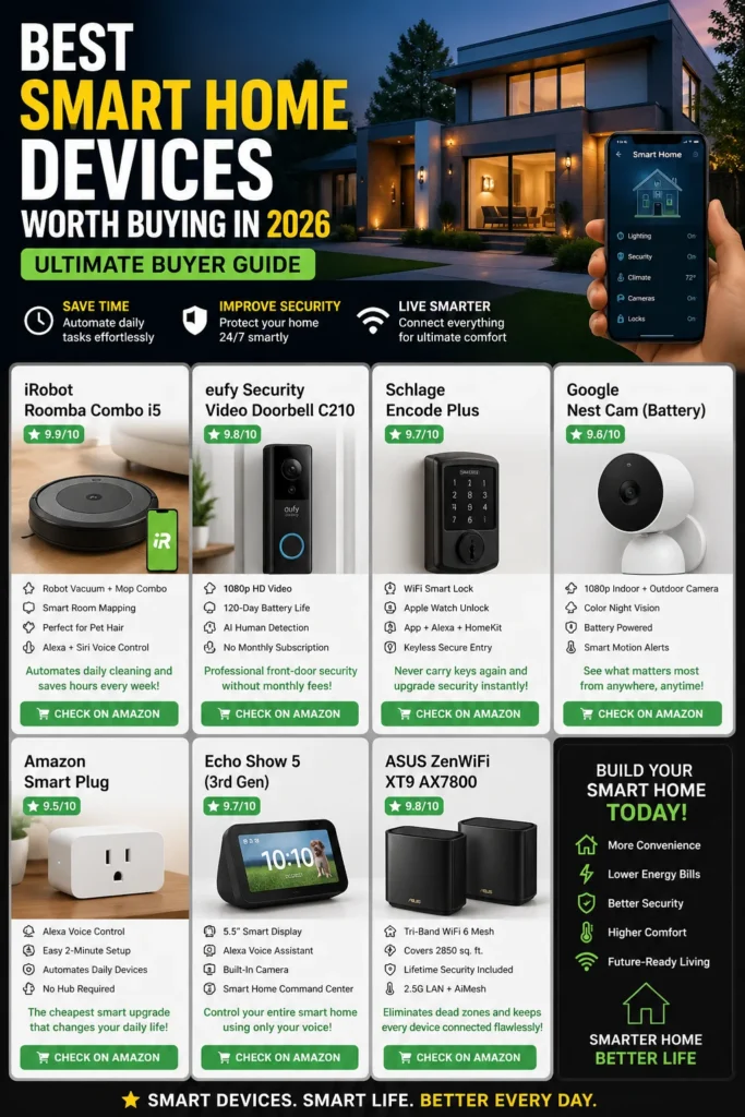Smart home devices 2026 guide showing top-rated products like robot vacuums, smart locks, security cameras, and WiFi systems for modern connected homes