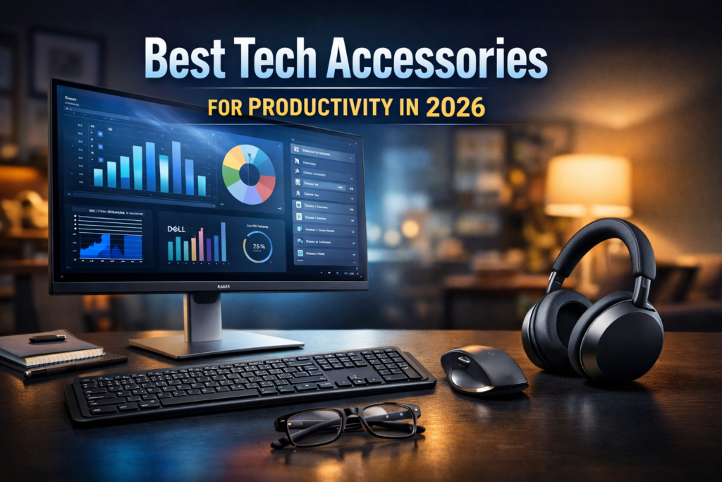 Best productivity tech accessories setup 2026 featuring 4K monitor, wireless keyboard, ergonomic mouse and noise cancelling headphones