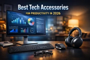 Best productivity tech accessories setup 2026 featuring 4K monitor, wireless keyboard, ergonomic mouse and noise cancelling headphones