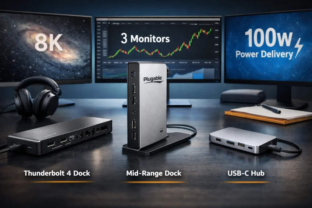 Best USB-C hubs and docking stations 2026 setup with multi-monitor workstation for MacBook and Windows laptops