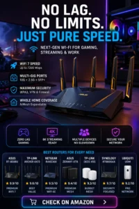 Best WiFi 7 and WiFi 6 routers 2026 comparison showing ASUS, TP-Link, NETGEAR and mesh systems for fast gaming, streaming and smart home performance
