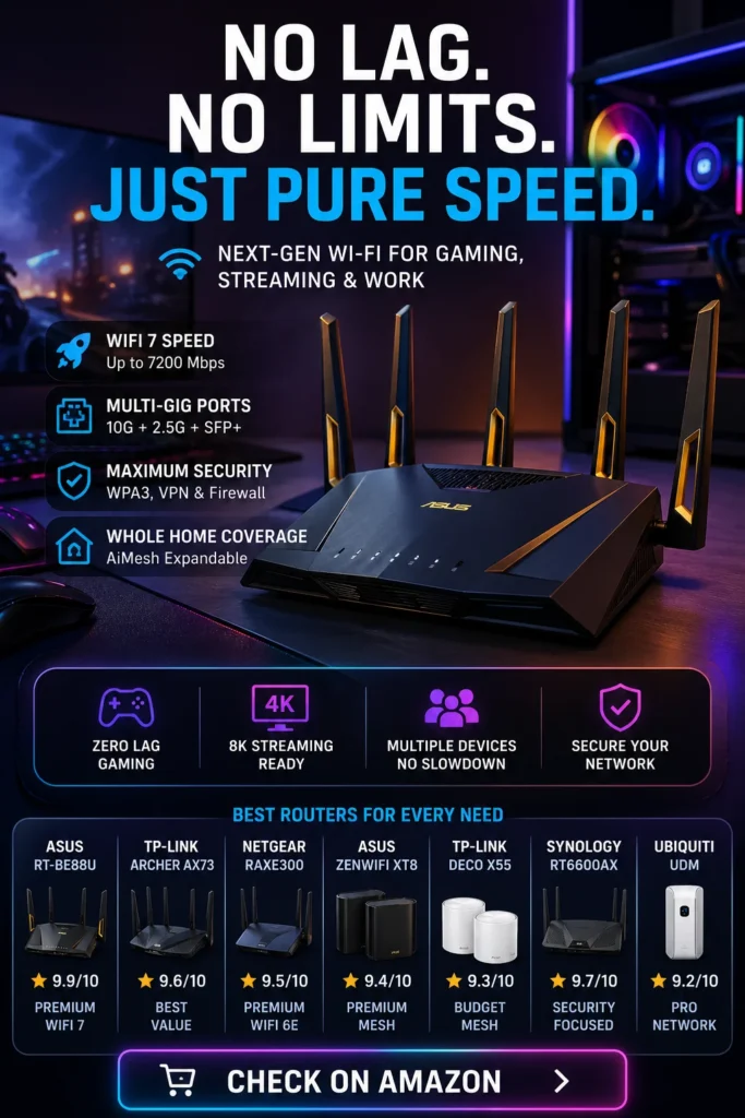 Best WiFi 7 and WiFi 6 routers 2026 comparison showing ASUS, TP-Link, NETGEAR and mesh systems for fast gaming, streaming and smart home performance