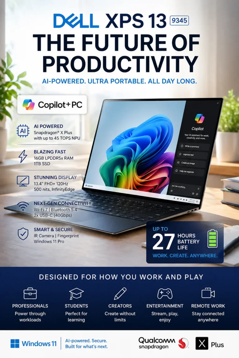 Dell XPS 13 9345 Snapdragon X Plus AI laptop ultra thin 13 inch Windows 11 Pro 2026