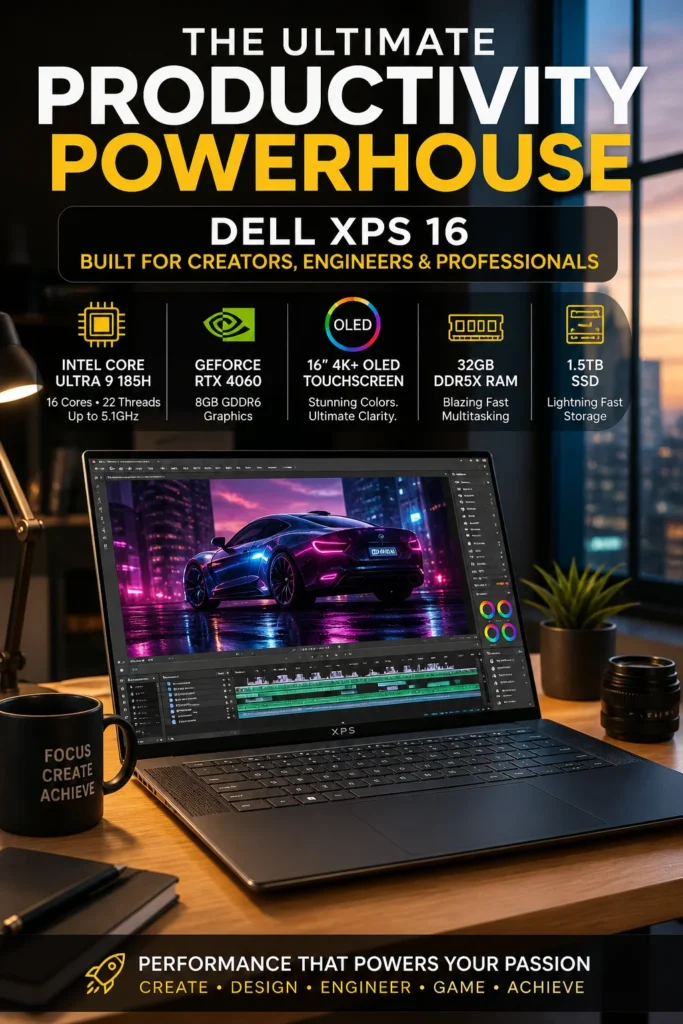 Modern professional workspace featuring Dell XPS 16 laptop with 4K OLED display, RTX 4060, and clean desk setup for productivity and engineering work