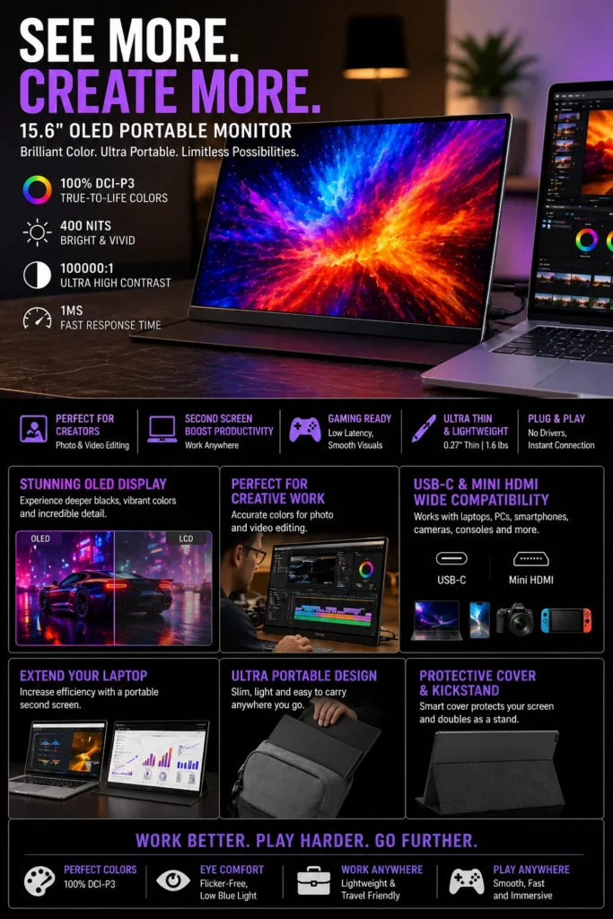 INNOCN OLED portable monitor 15.6 inch 100 percent DCI P3 display for video editing and design