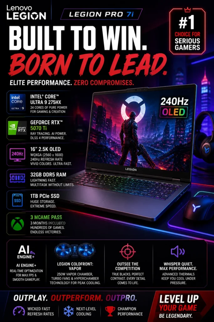 Lenovo Legion Pro 7i gaming laptop with RTX 5070 Ti and OLED 240Hz display for high-performance gaming