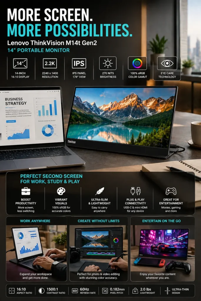 Lenovo ThinkVision M14t Gen 2 portable monitor 14 inch 2K display for business and travel