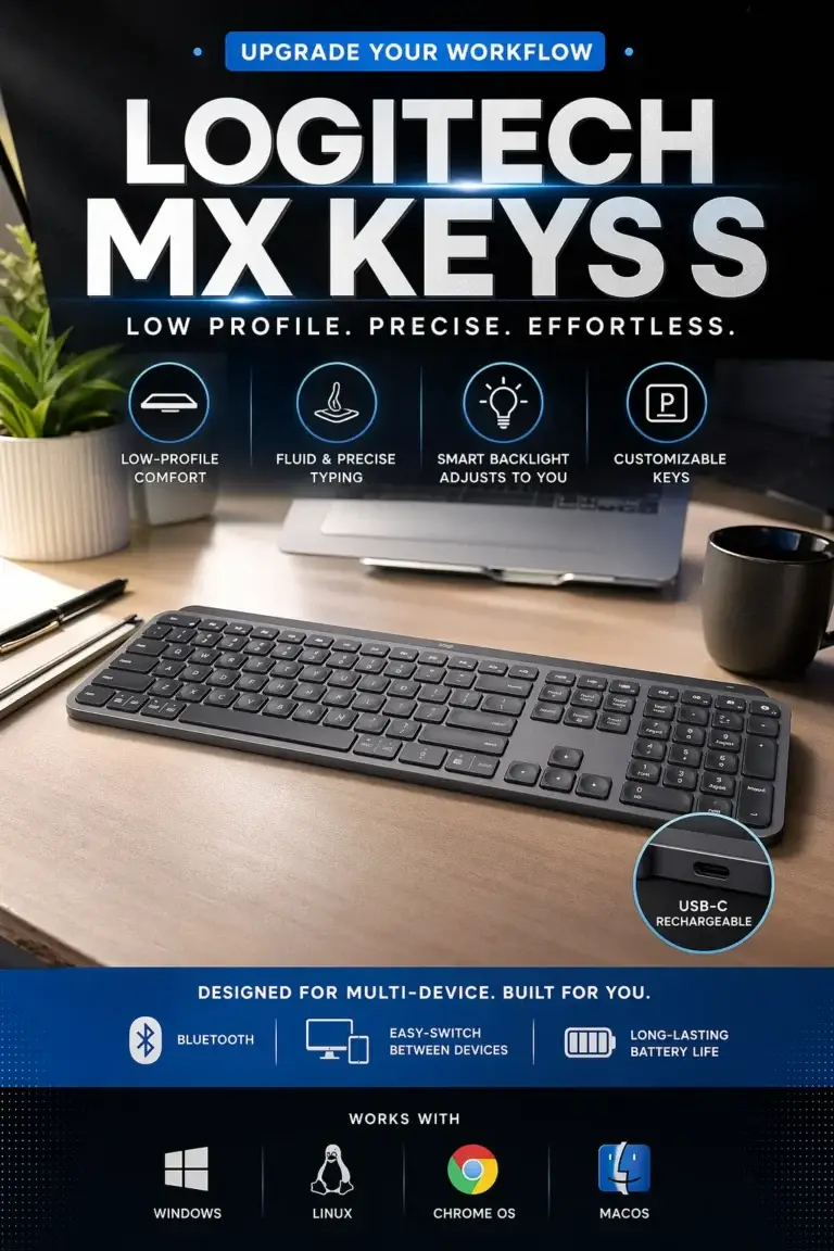 Logitech MX Keys S wireless backlit keyboard for MacBook and productivity office ergonomic setup