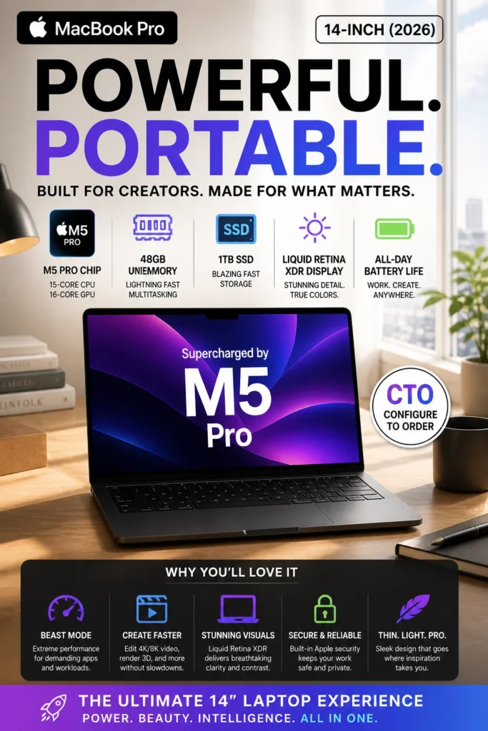 Minimalist desk setup with Apple MacBook Pro M5 featuring Liquid Retina XDR display, clean workspace, and modern lifestyle productivity environment
