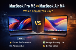 MacBook Pro M5 vs MacBook Air M4 comparison showing performance, battery life, AI features and value in 2026