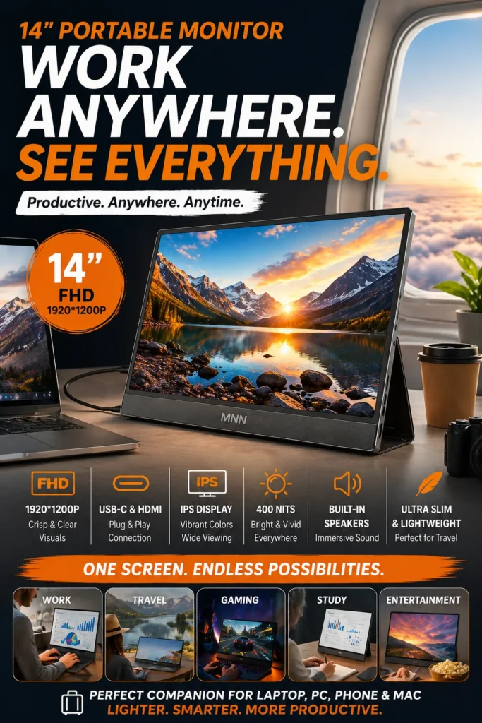 MNN portable monitor 14 inch 1080p IPS budget external display for laptop and travel