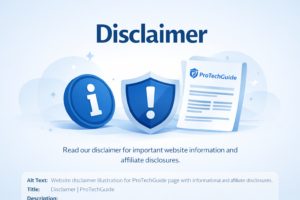 Website disclaimer illustration for ProTechGuide including affiliate disclosure and legal information