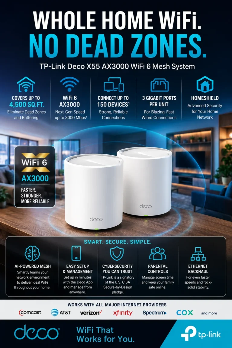 TP-Link Deco X55 mesh WiFi 6 system AX3000 coverage 4500 sq ft whole home internet solution