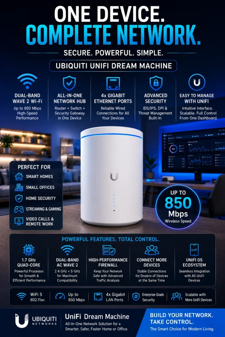 Ubiquiti UniFi Dream Machine enterprise router with UniFi OS network control system gigabit switch