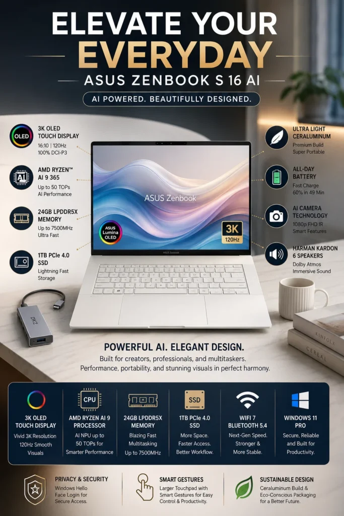 ASUS Zenbook S 16 with 3K OLED 120Hz display powered by Ryzen AI 9 for creators and designers