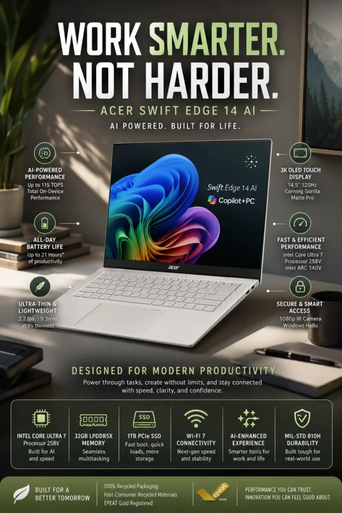 Acer Swift Edge 14 AI ultra lightweight laptop with 3K OLED display and long battery life designed for travelers and remote workers