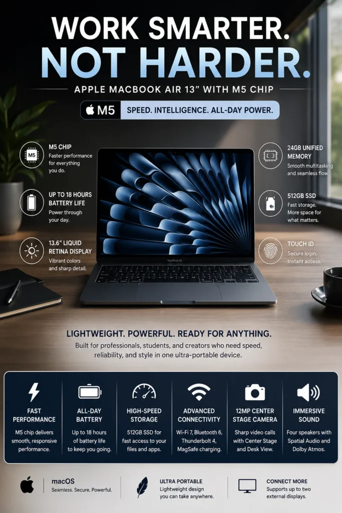 Apple MacBook Air M5 ultra thin laptop with long battery life and M5 chip performance for students and professionals