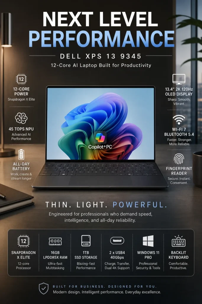 Dell XPS 13 ultra portable laptop with Snapdragon X Elite chip and multi-day battery life for business and travel
