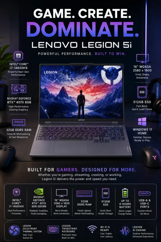 Lenovo Legion 5i gaming laptop with RTX 4070 graphics, i7 HX processor and 32GB RAM for high-performance gaming and streaming