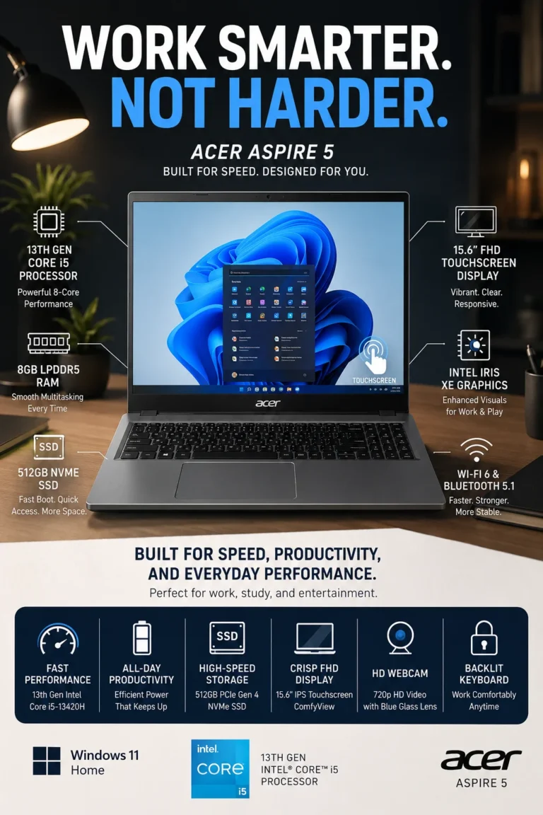 est Laptop Under $500 in 2026 Acer Aspire 5 laptop highlighted as the best laptop under $500 in 2026, featuring 13th Gen Intel Core i5, 512GB SSD, and Full HD touchscreen display, ideal for students and everyday productivity.