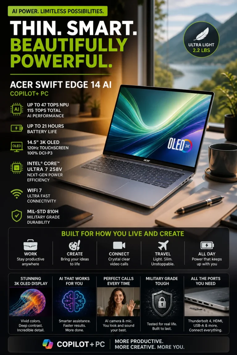 Ultra-light modern workspace with a sleek laptop designed for productivity, portability, and AI-powered workflows