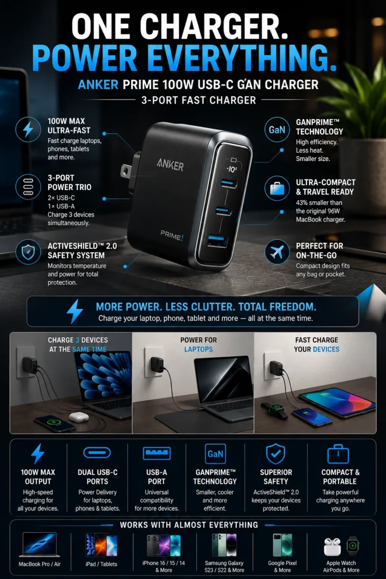 Anker Prime 100W GaN USB C fast charger for laptops phones and productivity setups