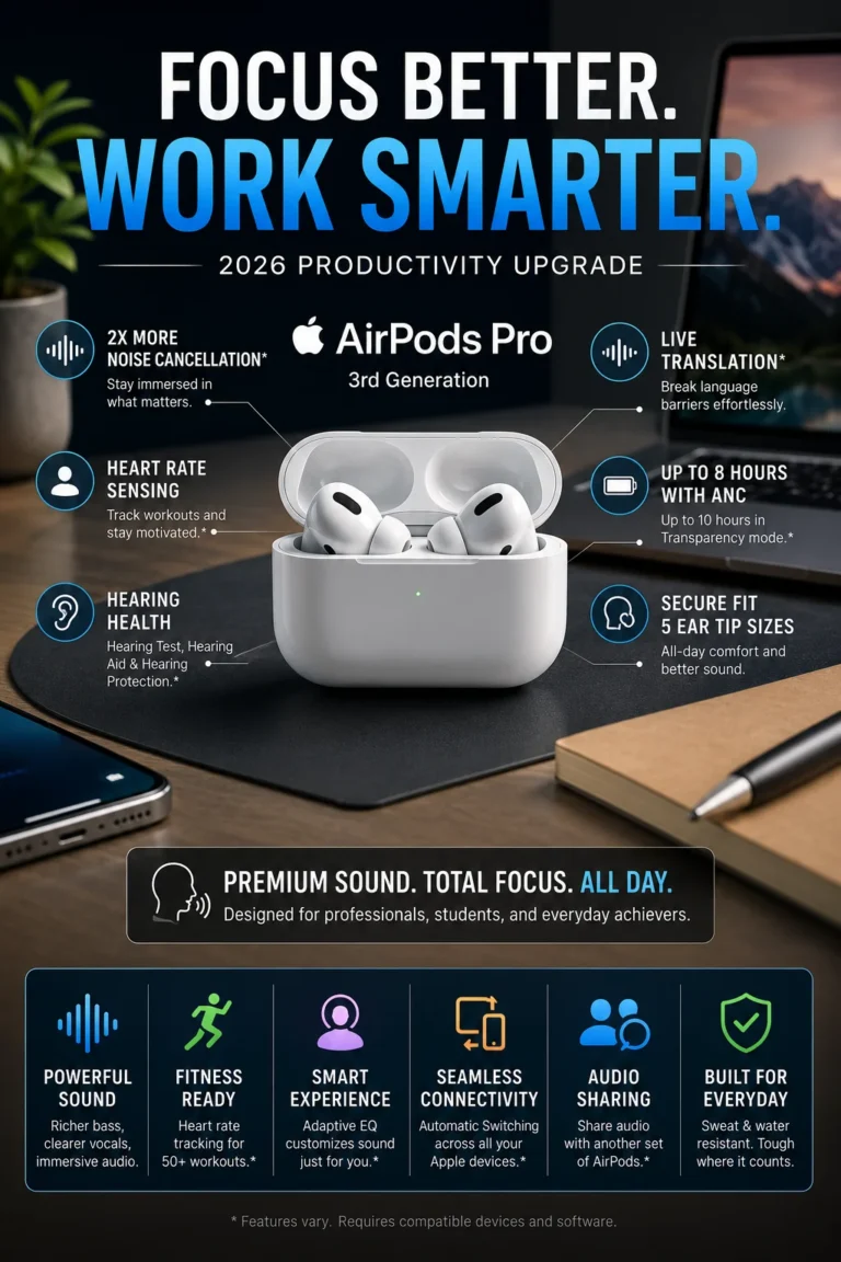 Apple AirPods Pro 3rd generation wireless earbuds for focus and productivity in 2026