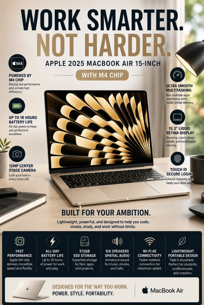 Apple MacBook Air 2025 laptop for programming students featuring lightweight design, fast performance, and long battery life for coding and multitasking.