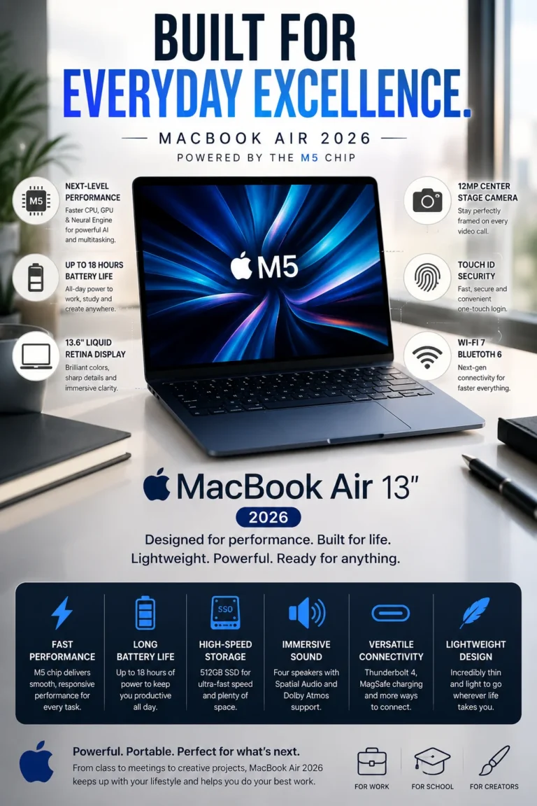Apple MacBook Air 13-inch M5 laptop on modern desk setup for students and productivity in 2026