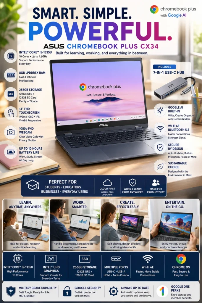 ASUS Chromebook Plus CX34 touchscreen laptop with ChromeOS