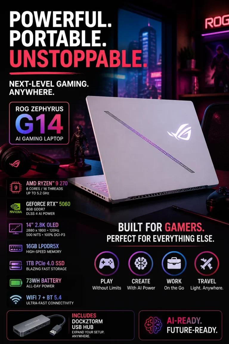 Modern gaming workspace with a high-performance laptop, designed for immersive gameplay, fast response, and high-end performance
