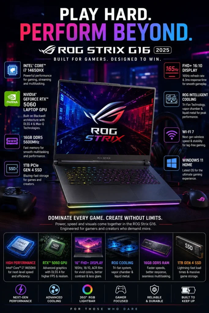 ASUS ROG Strix G16 gaming laptop with RTX 5060 graphics and Intel Core i7 processor for coding, gaming, and AI workloads.