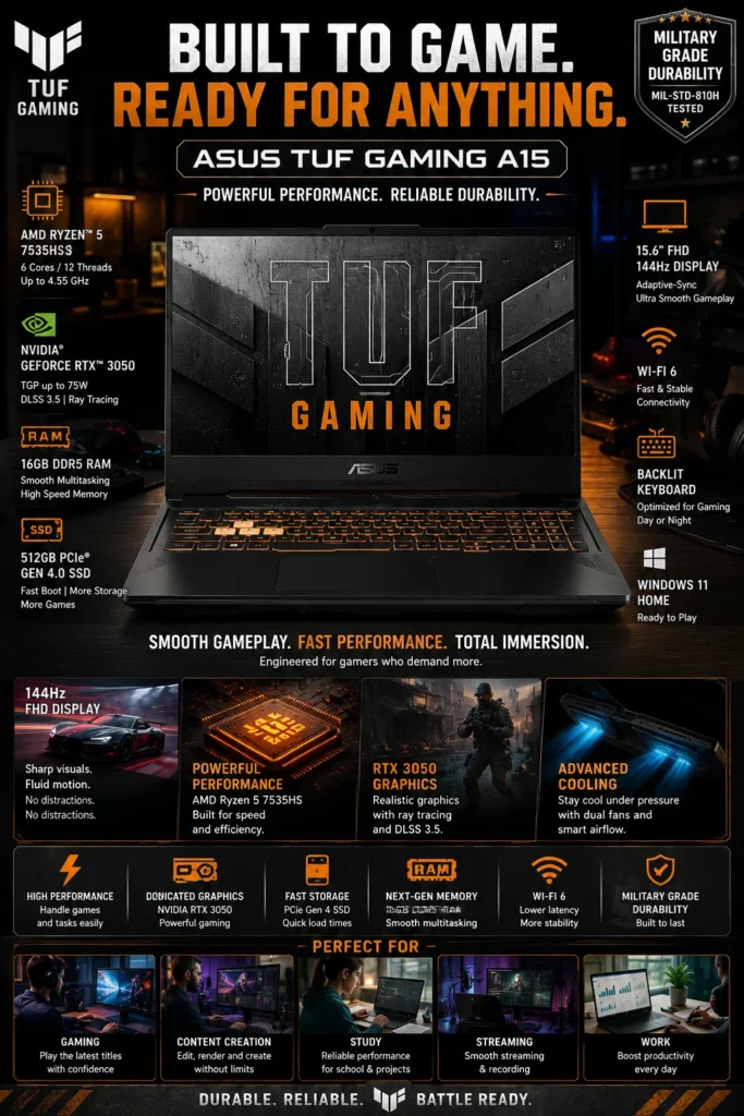 ASUS TUF Gaming A15 laptop with Ryzen processor and RTX 3050 graphics