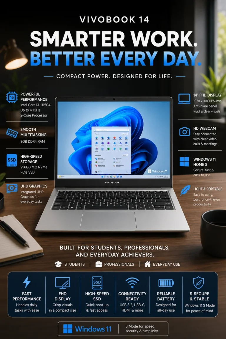 ASUS VivoBook 14 lightweight student laptop with 14-inch Full HD display, Intel Core i3 processor, and 8GB RAM, ideal for school and online learning in 2026.