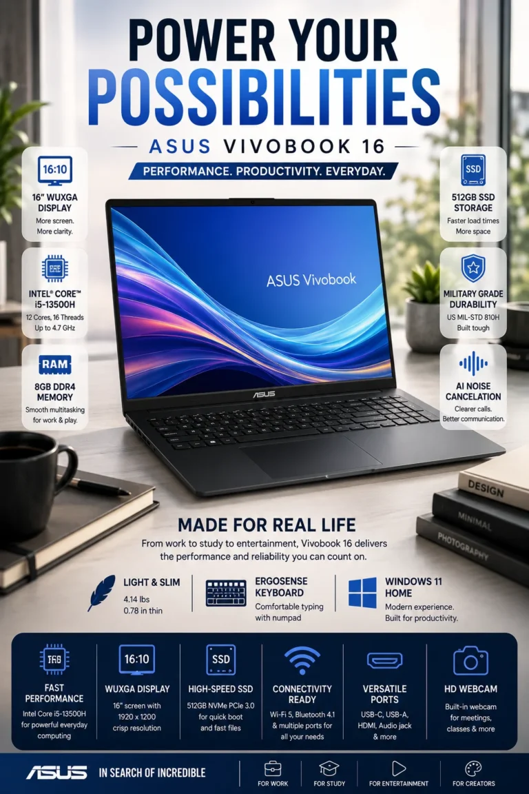 ASUS Vivobook 16 laptop infographic for students featuring large display and everyday performance