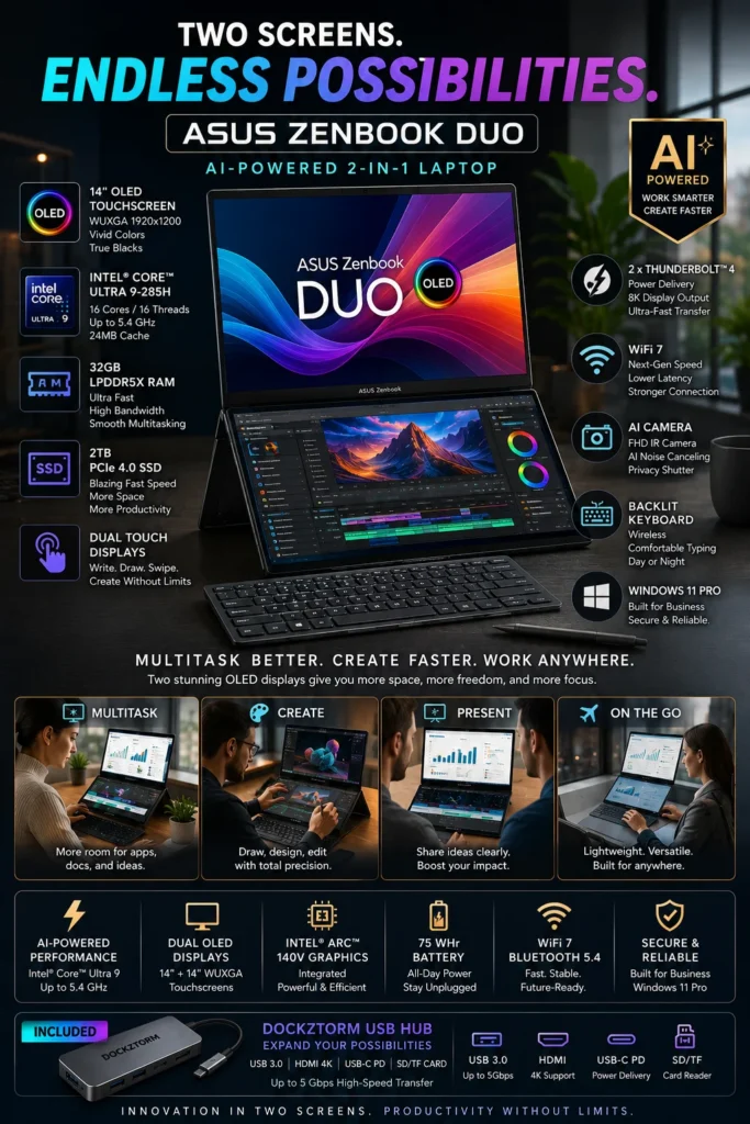 ASUS Zenbook DUO dual screen OLED laptop for creators and multitasking