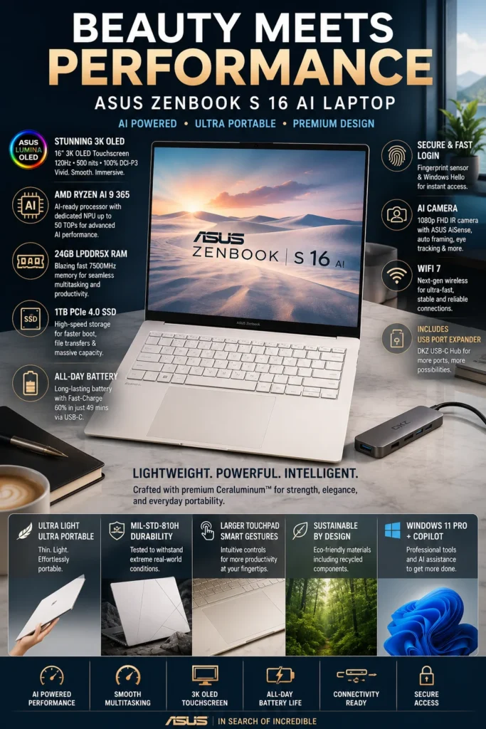 ASUS Zenbook S 16 AI laptop with 3K OLED touchscreen and Ryzen AI processor for coding, AI tools, and multitasking.