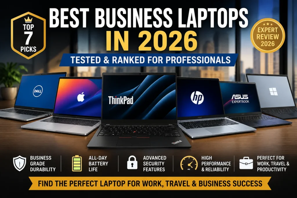 Best business laptops in 2026 featuring Lenovo ThinkPad X1 Carbon, Dell Latitude 7450, MacBook Air M4, HP EliteBook, ASUS ExpertBook, Surface Laptop and Acer Swift Go